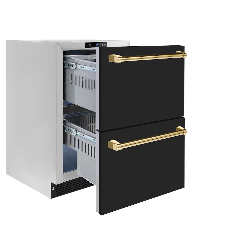 ZLINE Autograph Edition 24 in. Touchstone 168 Can Outdoor-Rated Dual Refrigerator Drawer with Black Matte Doors and Polished Gold Handles (RDSOZ-BLM-24-G) side, open.