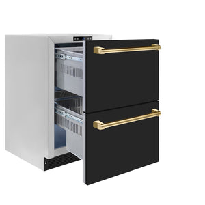 ZLINE Autograph Edition 24 in. Touchstone 168 Can Outdoor-Rated Dual Refrigerator Drawer with Black Matte Doors and Polished Gold Handles (RDSOZ-BLM-24-G) side, open.