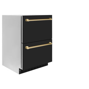 ZLINE Autograph Edition 24 in. Touchstone 168 Can Outdoor-Rated Dual Refrigerator Drawer with Black Matte Doors and Polished Gold Handles (RDSOZ-BLM-24-G) side, closed.