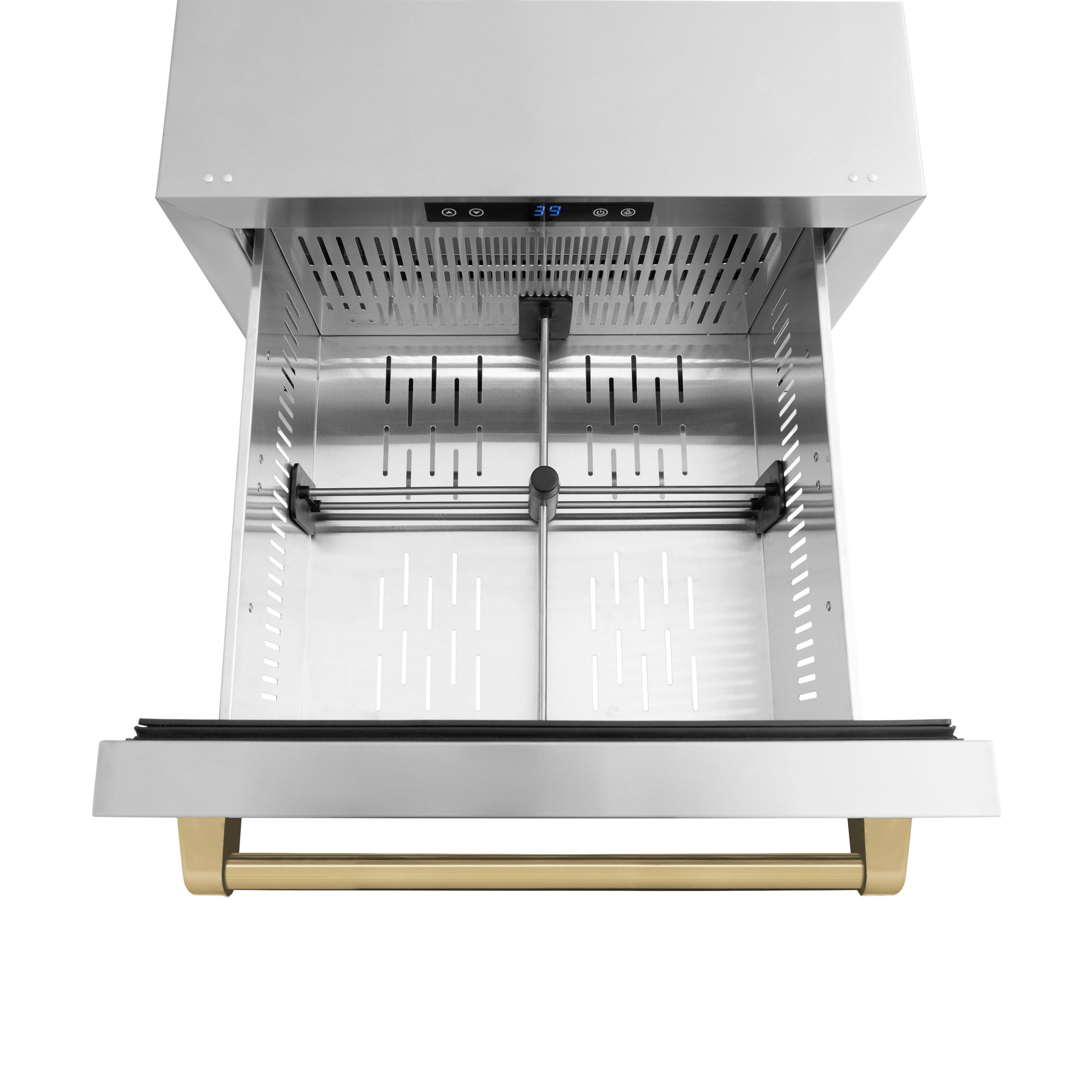 ZLINE Autograph Edition 24 in. Touchstone 168 Can Outdoor-Rated Dual Refrigerator Drawer with Stainless Steel Doors and Champagne Bronze Handles (RDSOZ-ST-24-CB) above, drawer open, with drawer divider installed.