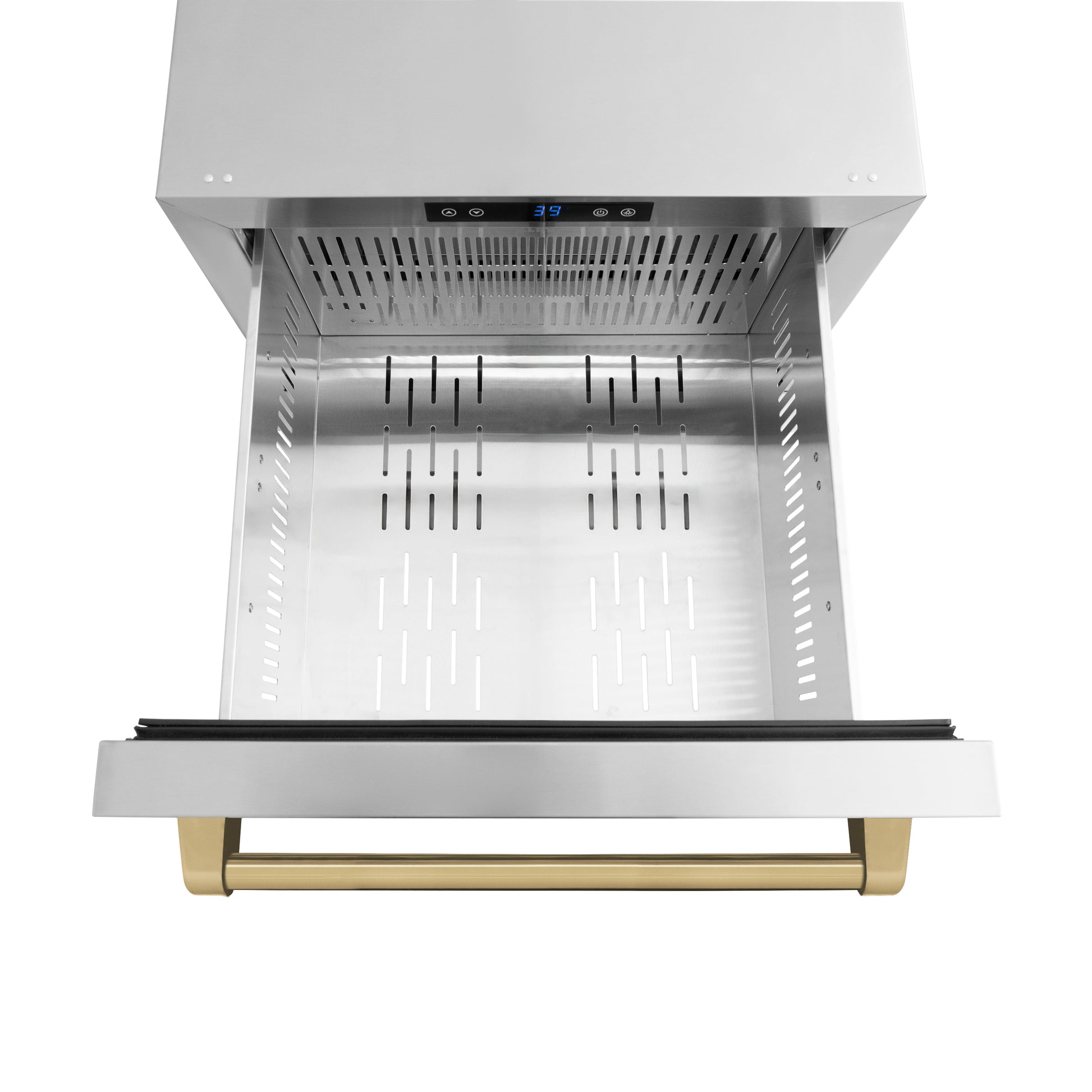 ZLINE Autograph Edition 24 in. Touchstone 168 Can Outdoor-Rated Dual Refrigerator Drawer with Stainless Steel Doors and Champagne Bronze Handles (RDSOZ-ST-24-CB) above, drawer open, with drawer divider removed.