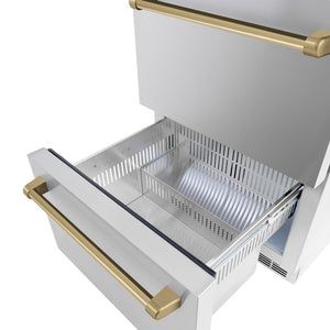 ZLINE Autograph Edition 24 in. Touchstone 168 Can Outdoor-Rated Dual Refrigerator Drawer with Stainless Steel Doors and Champagne Bronze Handles (RDSOZ-ST-24-CB) close-up detail, bottom drawer open.