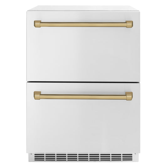 ZLINE Autograph Edition 24 in. Touchstone 168 Can Outdoor-Rated Dual Refrigerator Drawer with Stainless Steel Doors and Champagne Bronze Handles (RDSOZ-ST-24-CB)