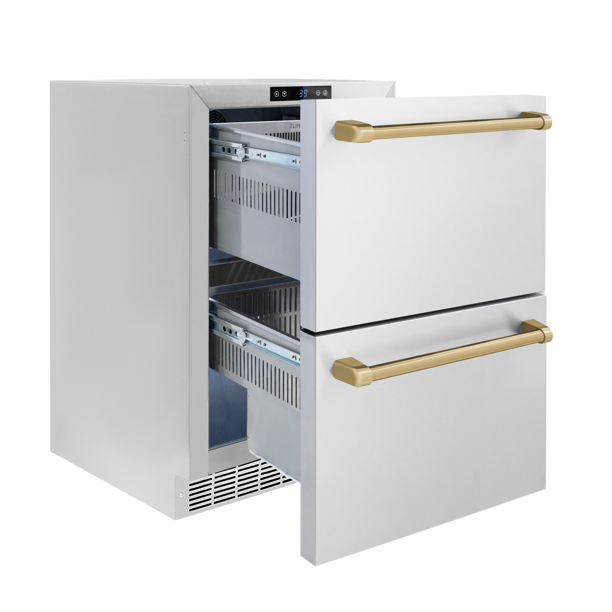 ZLINE Autograph Edition 24 in. Touchstone 168 Can Outdoor-Rated Dual Refrigerator Drawer with Stainless Steel Doors and Champagne Bronze Handles (RDSOZ-ST-24-CB) side, open, empty.