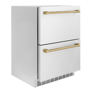 ZLINE Autograph Edition 24 in. Touchstone 168 Can Outdoor-Rated Dual Refrigerator Drawer with Stainless Steel Doors and Champagne Bronze Handles (RDSOZ-ST-24-CB) side, closed.