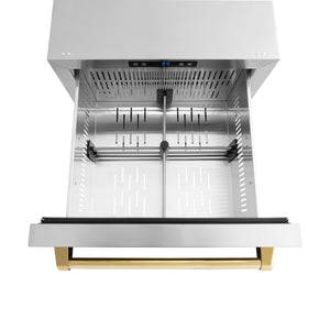 ZLINE Autograph Edition 24 in. Touchstone 168 Can Outdoor-Rated Dual Refrigerator Drawer with Stainless Steel Doors and Polished Gold Handles (RDSOZ-ST-24-G) above, drawer open, with drawer divider installed.