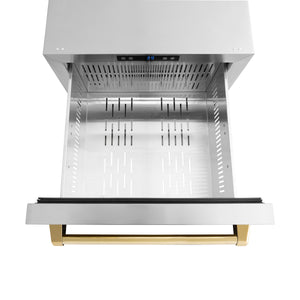 ZLINE Autograph Edition 24 in. Touchstone 168 Can Outdoor-Rated Dual Refrigerator Drawer with Stainless Steel Doors and Polished Gold Handles (RDSOZ-ST-24-G) above, drawer open, with drawer divider removed.