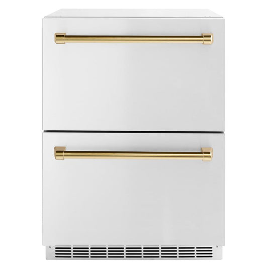 ZLINE Autograph Edition 24 in. Touchstone 168 Can Outdoor-Rated Dual Refrigerator Drawer with Stainless Steel Doors and Polished Gold Handles (RDSOZ-ST-24-G)