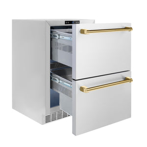 ZLINE Autograph Edition 24 in. Touchstone 168 Can Outdoor-Rated Dual Refrigerator Drawer with Stainless Steel Doors and Polished Gold Handles (RDSOZ-ST-24-G) side, open, empty.