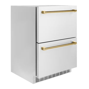 ZLINE Autograph Edition 24 in. Touchstone 168 Can Outdoor-Rated Dual Refrigerator Drawer with Stainless Steel Doors and Polished Gold Handles (RDSOZ-ST-24-G) side, closed.