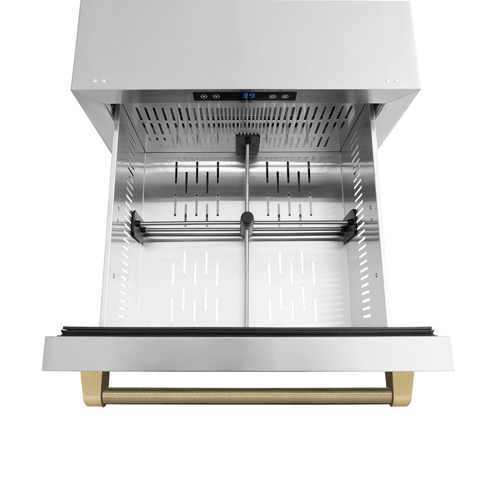 ZLINE Autograph Edition 24 in. Touchstone 168 Can Outdoor-Rated Dual Refrigerator Drawer with Stainless Steel Doors and Champagne Bronze Helix Handles (RDSOZ-ST-24-KCB) drawer from above with divider.