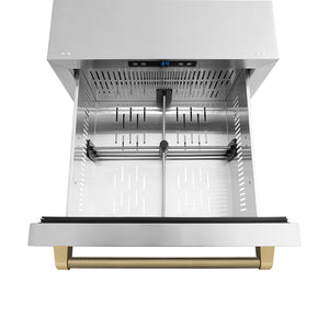 ZLINE Autograph Edition 24 in. Touchstone 168 Can Outdoor-Rated Dual Refrigerator Drawer with Stainless Steel Doors and Champagne Bronze Helix Handles (RDSOZ-ST-24-KCB) drawer from above with divider.