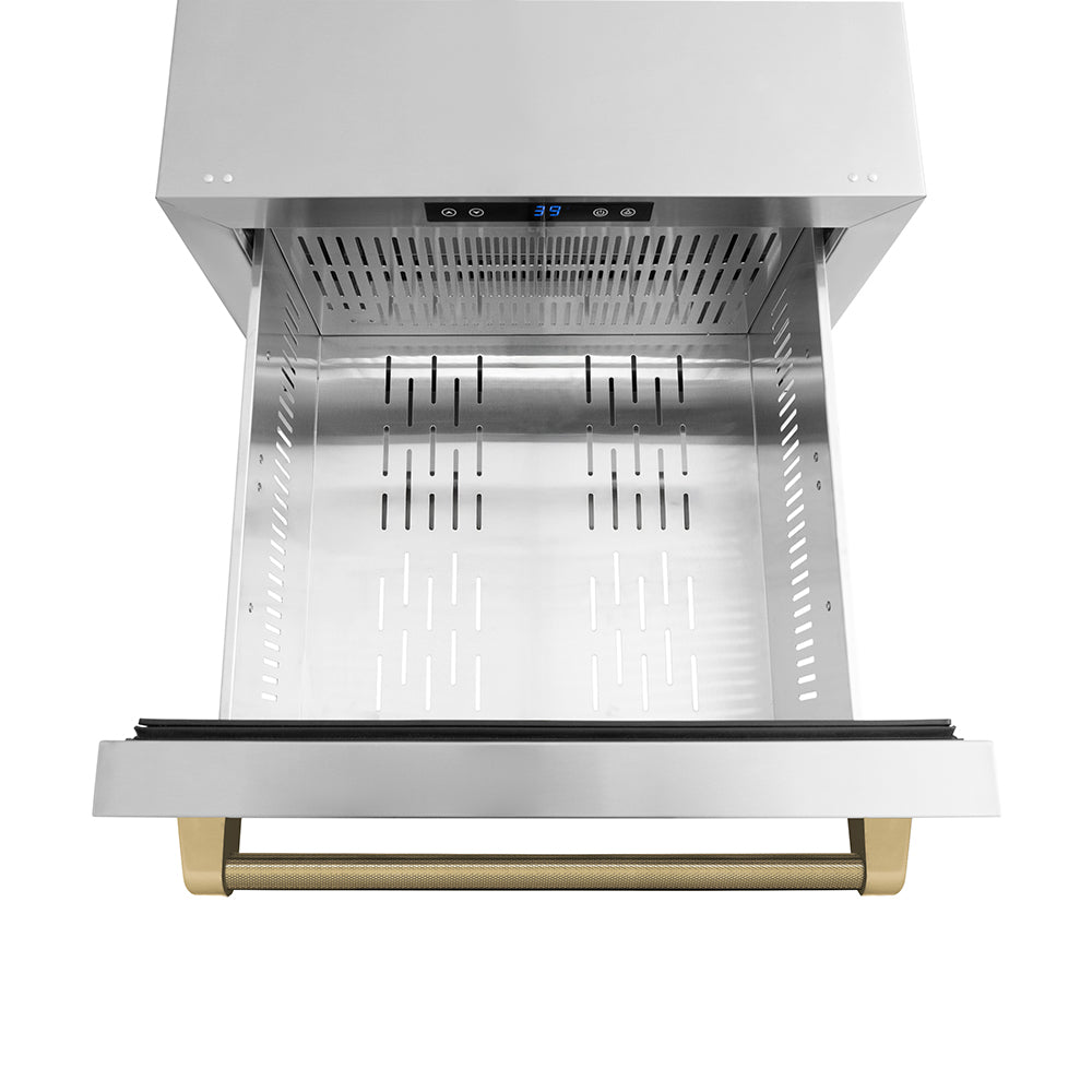 ZLINE Autograph Edition 24 in. Touchstone 168 Can Outdoor-Rated Dual Refrigerator Drawer with Stainless Steel Doors and Champagne Bronze Helix Handles (RDSOZ-ST-24-KCB) drawer from above with no divider.