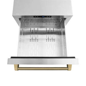ZLINE Autograph Edition 24 in. Touchstone 168 Can Outdoor-Rated Dual Refrigerator Drawer with Stainless Steel Doors and Champagne Bronze Helix Handles (RDSOZ-ST-24-KCB) drawer from above with no divider.