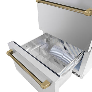 ZLINE Autograph Edition 24 in. Touchstone 168 Can Outdoor-Rated Dual Refrigerator Drawer with Stainless Steel Doors and Champagne Bronze Helix Handles (RDSOZ-ST-24-KCB) drawer open showing interior compartments.
