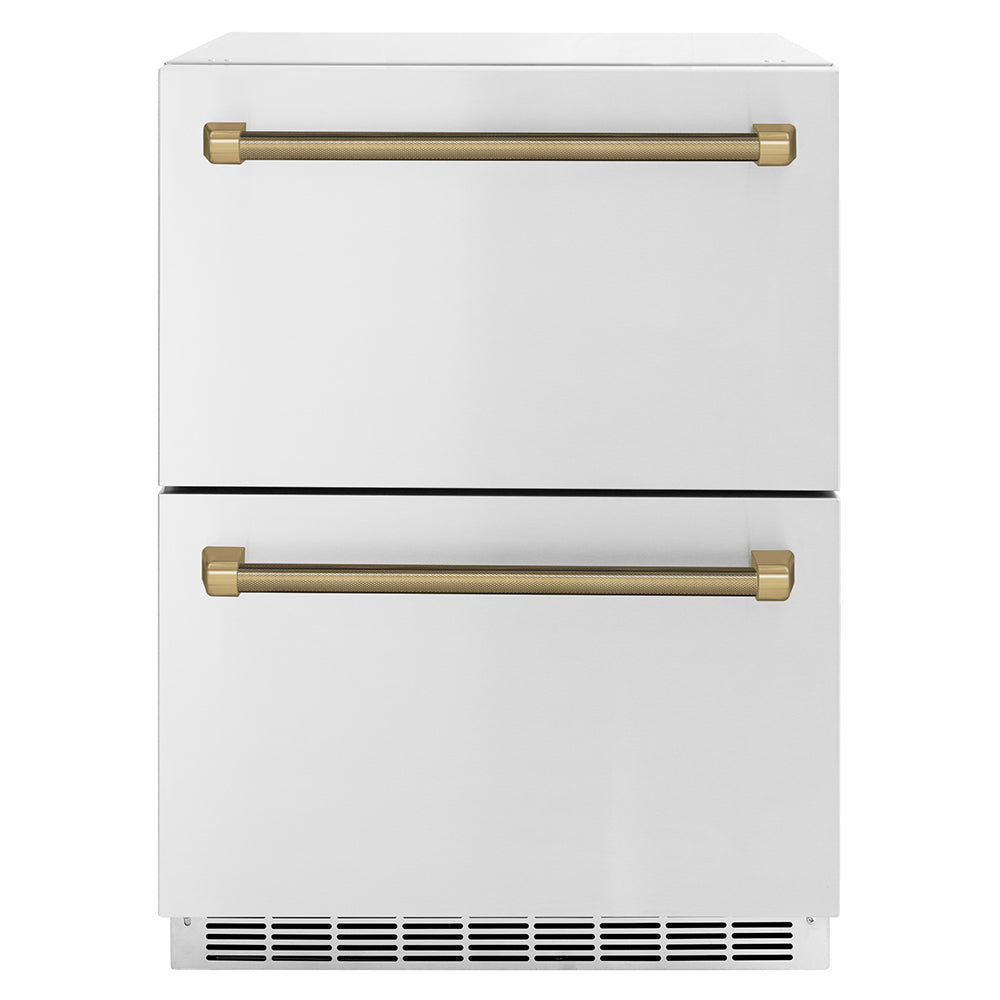 ZLINE Autograph Edition 24 in. Touchstone 168 Can Outdoor-Rated Dual Refrigerator Drawer with Stainless Steel Doors and Champagne Bronze Helix Handles (RDSOZ-ST-24-KCB)