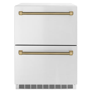 ZLINE Autograph Edition 24 in. Touchstone 168 Can Outdoor-Rated Dual Refrigerator Drawer with Stainless Steel Doors and Champagne Bronze Helix Handles (RDSOZ-ST-24-KCB)