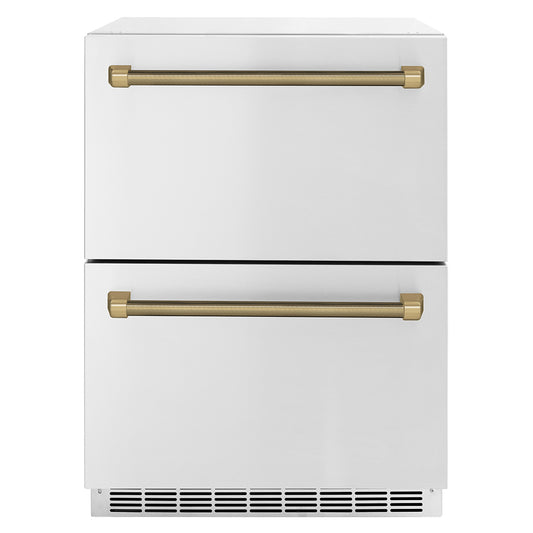 ZLINE Autograph Edition 24 in. Touchstone 168 Can Outdoor-Rated Dual Refrigerator Drawer with Stainless Steel Doors and Champagne Bronze Helix Handles (RDSOZ-ST-24-KCB)