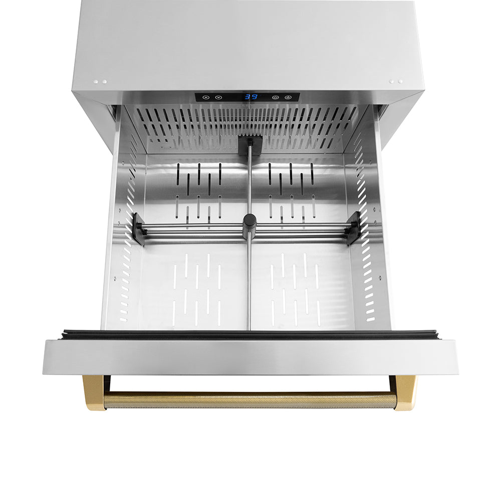 ZLINE Autograph Edition 24 in. Touchstone 168 Can Outdoor-Rated Dual Refrigerator Drawer with Stainless Steel Doors and Polished Gold Helix Handles (RDSOZ-ST-24-KG) drawer from above with divider.