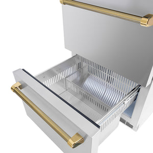 ZLINE Autograph Edition 24 in. Touchstone 168 Can Outdoor-Rated Dual Refrigerator Drawer with Stainless Steel Doors and Polished Gold Helix Handles (RDSOZ-ST-24-KG) drawer open showing interior compartments.