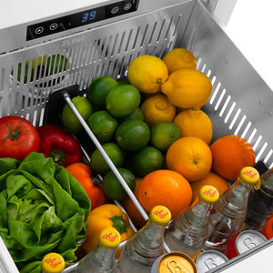 ZLINE Autograph Edition 24 in. Touchstone 168 Can Outdoor-Rated Dual Refrigerator Drawer with Stainless Steel Doors and Polished Gold Helix Handles (RDSOZ-ST-24-KG) drawer open with fruits, vegetables, and drinks inside.