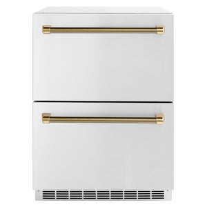 ZLINE Autograph Edition 24 in. Touchstone 168 Can Outdoor-Rated Dual Refrigerator Drawer with Stainless Steel Doors and Polished Gold Helix Handles (RDSOZ-ST-24-KG)