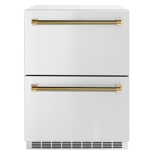 ZLINE Autograph Edition 24 in. Touchstone 168 Can Outdoor-Rated Dual Refrigerator Drawer with Stainless Steel Doors and Polished Gold Helix Handles (RDSOZ-ST-24-KG)