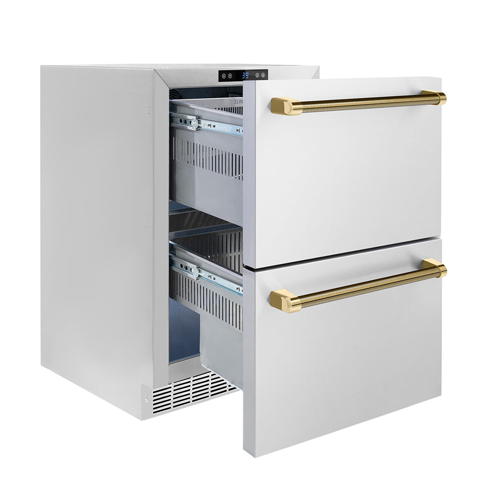 ZLINE Autograph Edition 24 in. Touchstone 168 Can Outdoor-Rated Dual Refrigerator Drawer with Stainless Steel Doors and Polished Gold Helix Handles (RDSOZ-ST-24-KG) side, open.