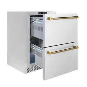 ZLINE Autograph Edition 24 in. Touchstone 168 Can Outdoor-Rated Dual Refrigerator Drawer with Stainless Steel Doors and Polished Gold Helix Handles (RDSOZ-ST-24-KG) side, open.