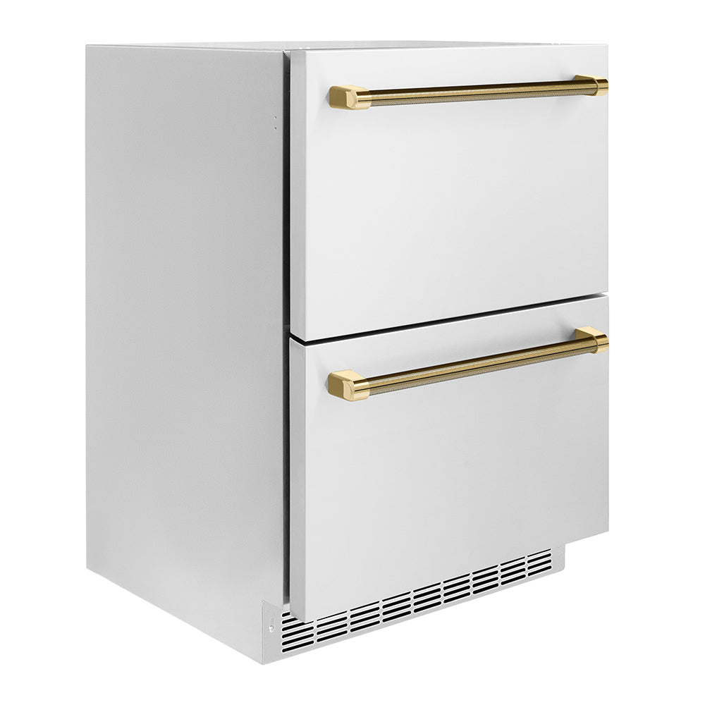 ZLINE Autograph Edition 24 in. Touchstone 168 Can Outdoor-Rated Dual Refrigerator Drawer with Stainless Steel Doors and Polished Gold Helix Handles (RDSOZ-ST-24-KG) side.