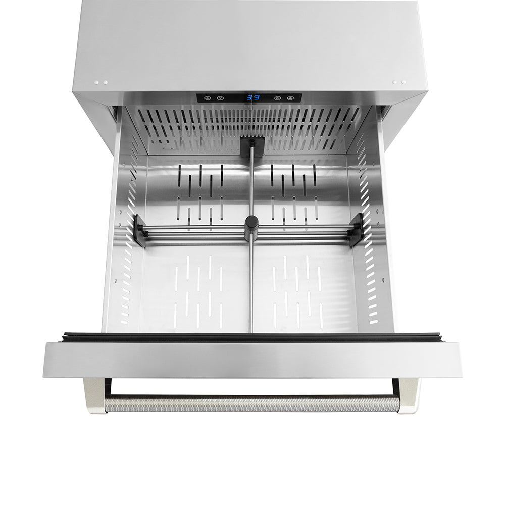 ZLINE Autograph Edition 24 in. Touchstone 168 Can Outdoor-Rated Dual Refrigerator Drawer with Stainless Steel Doors and Polished Nickel Helix Handles (RDSOZ-ST-24-KPN) drawer from above with divider.