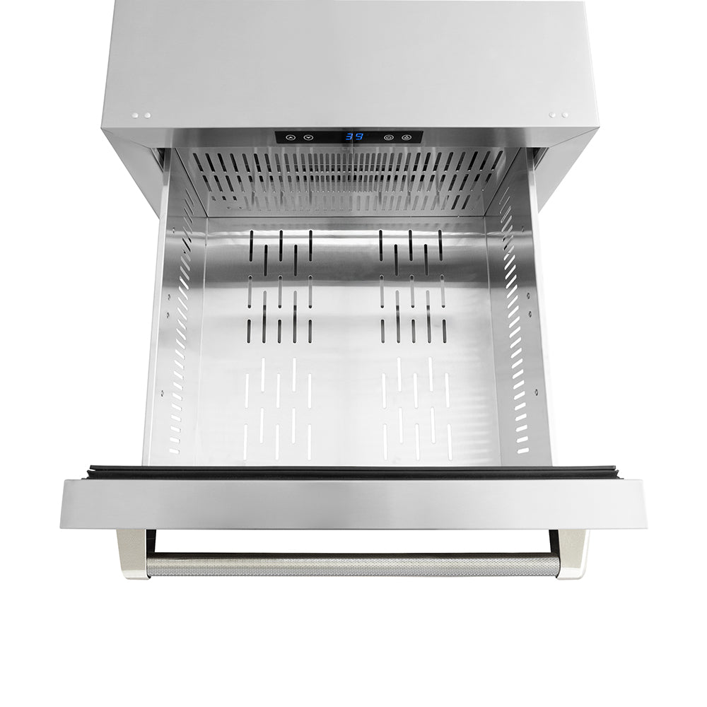 ZLINE Autograph Edition 24 in. Touchstone 168 Can Outdoor-Rated Dual Refrigerator Drawer with Stainless Steel Doors and Polished Nickel Helix Handles (RDSOZ-ST-24-KPN) drawer from above with no divider.