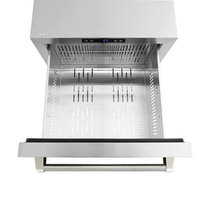 ZLINE Autograph Edition 24 in. Touchstone 168 Can Outdoor-Rated Dual Refrigerator Drawer with Stainless Steel Doors and Polished Nickel Helix Handles (RDSOZ-ST-24-KPN) drawer from above with no divider.