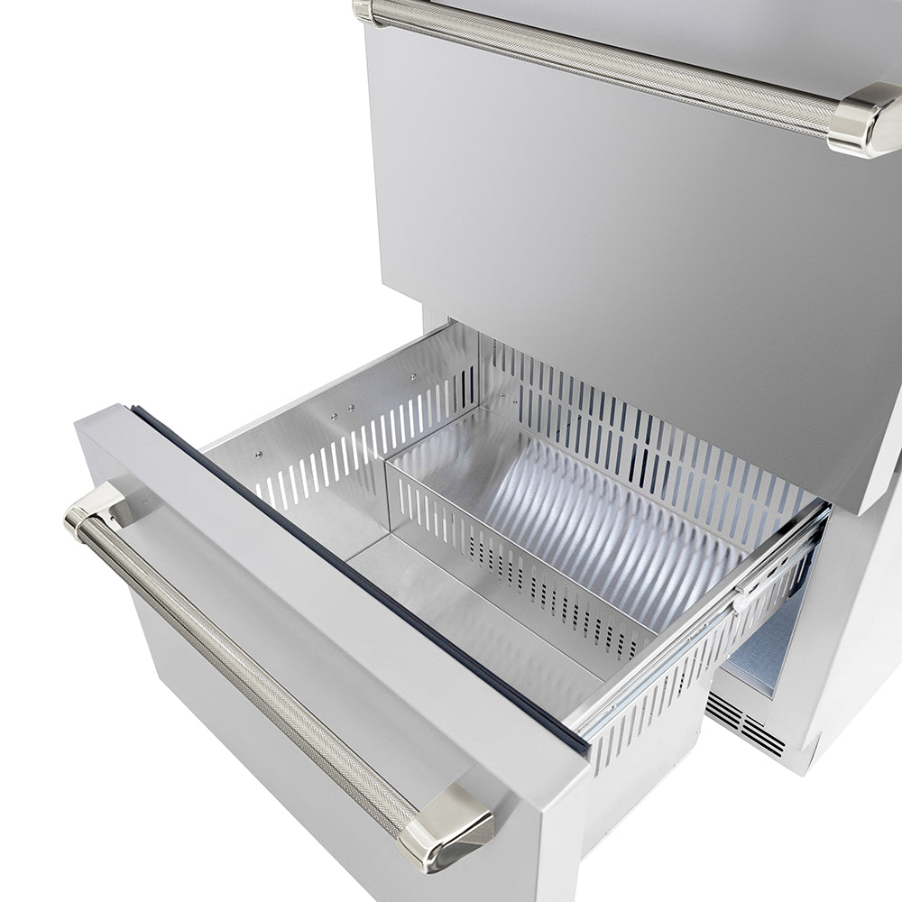ZLINE Autograph Edition 24 in. Touchstone 168 Can Outdoor-Rated Dual Refrigerator Drawer with Stainless Steel Doors and Polished Nickel Helix Handles (RDSOZ-ST-24-KPN) drawer open showing interior compartments.