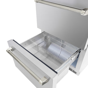 ZLINE Autograph Edition 24 in. Touchstone 168 Can Outdoor-Rated Dual Refrigerator Drawer with Stainless Steel Doors and Polished Nickel Helix Handles (RDSOZ-ST-24-KPN) drawer open showing interior compartments.
