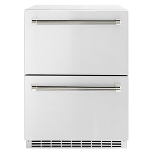 ZLINE Autograph Edition 24 in. Touchstone 168 Can Outdoor-Rated Dual Refrigerator Drawer with Stainless Steel Doors and Polished Nickel Helix Handles (RDSOZ-ST-24-KPN)