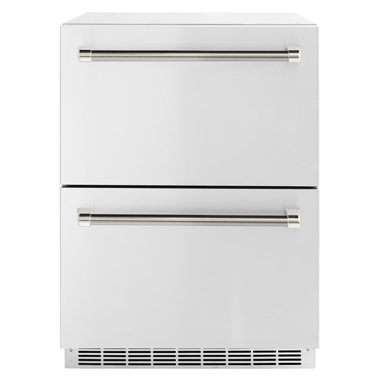 ZLINE Autograph Edition 24 in. Touchstone 168 Can Outdoor-Rated Dual Refrigerator Drawer with Stainless Steel Doors and Polished Nickel Helix Handles (RDSOZ-ST-24-KPN)