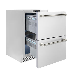 ZLINE Autograph Edition 24 in. Touchstone 168 Can Outdoor-Rated Dual Refrigerator Drawer with Stainless Steel Doors and Polished Nickel Helix Handles (RDSOZ-ST-24-KPN) side, open.