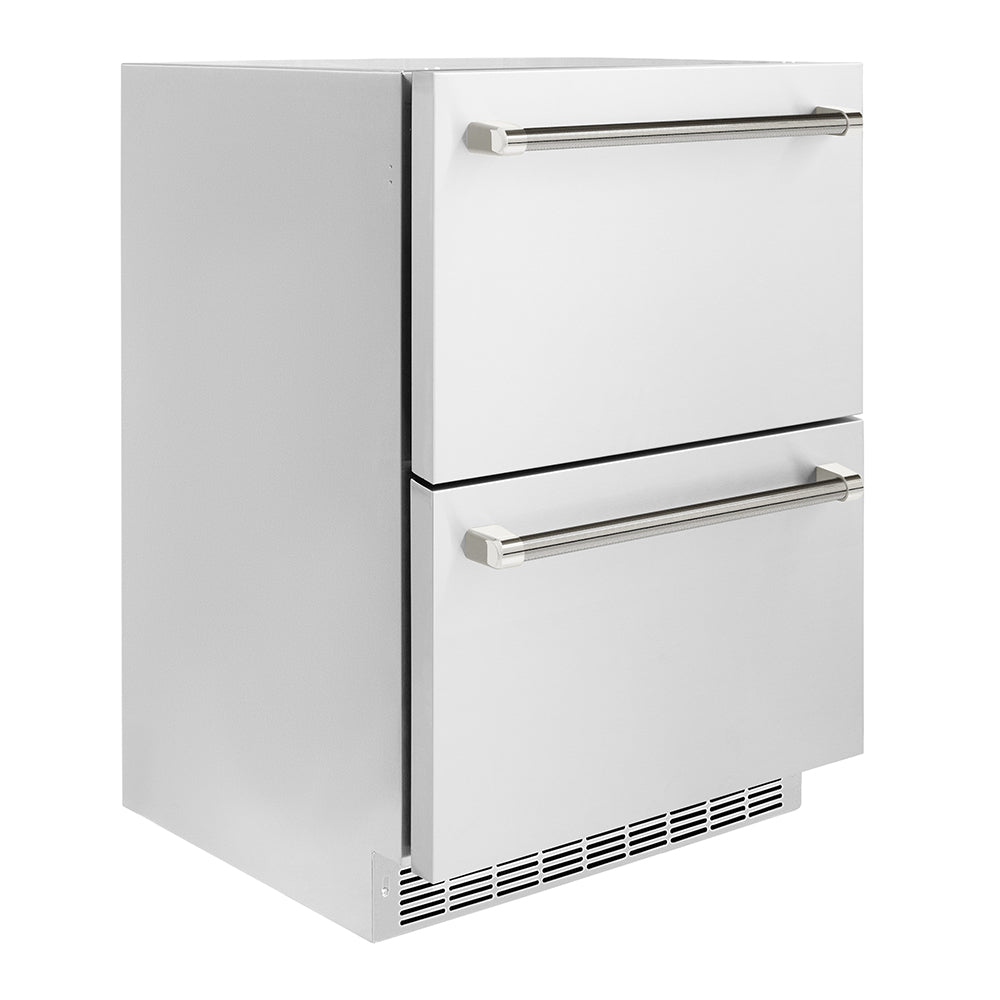 ZLINE Autograph Edition 24 in. Touchstone 168 Can Outdoor-Rated Dual Refrigerator Drawer with Stainless Steel Doors and Polished Nickel Helix Handles (RDSOZ-ST-24-KPN) side.