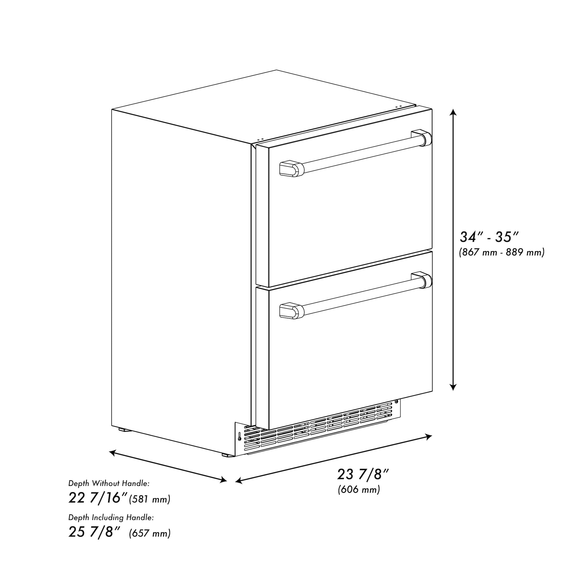 ZLINE Autograph Edition 24 in. Touchstone 168 Can Outdoor-Rated Dual Refrigerator Drawer with Stainless Steel Doors and Matte Black Handles (RDSOZ-ST-24-MB) dimensional diagram.