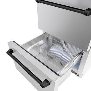 ZLINE Autograph Edition 24 in. Touchstone 168 Can Outdoor-Rated Dual Refrigerator Drawer with Stainless Steel Doors and Matte Black Handles (RDSOZ-ST-24-MB) close-up detail, bottom drawer open.