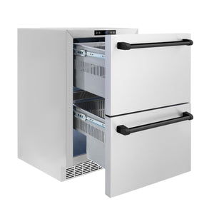 ZLINE Autograph Edition 24 in. Touchstone 168 Can Outdoor-Rated Dual Refrigerator Drawer with Stainless Steel Doors and Matte Black Handles (RDSOZ-ST-24-MB) side, open, empty.