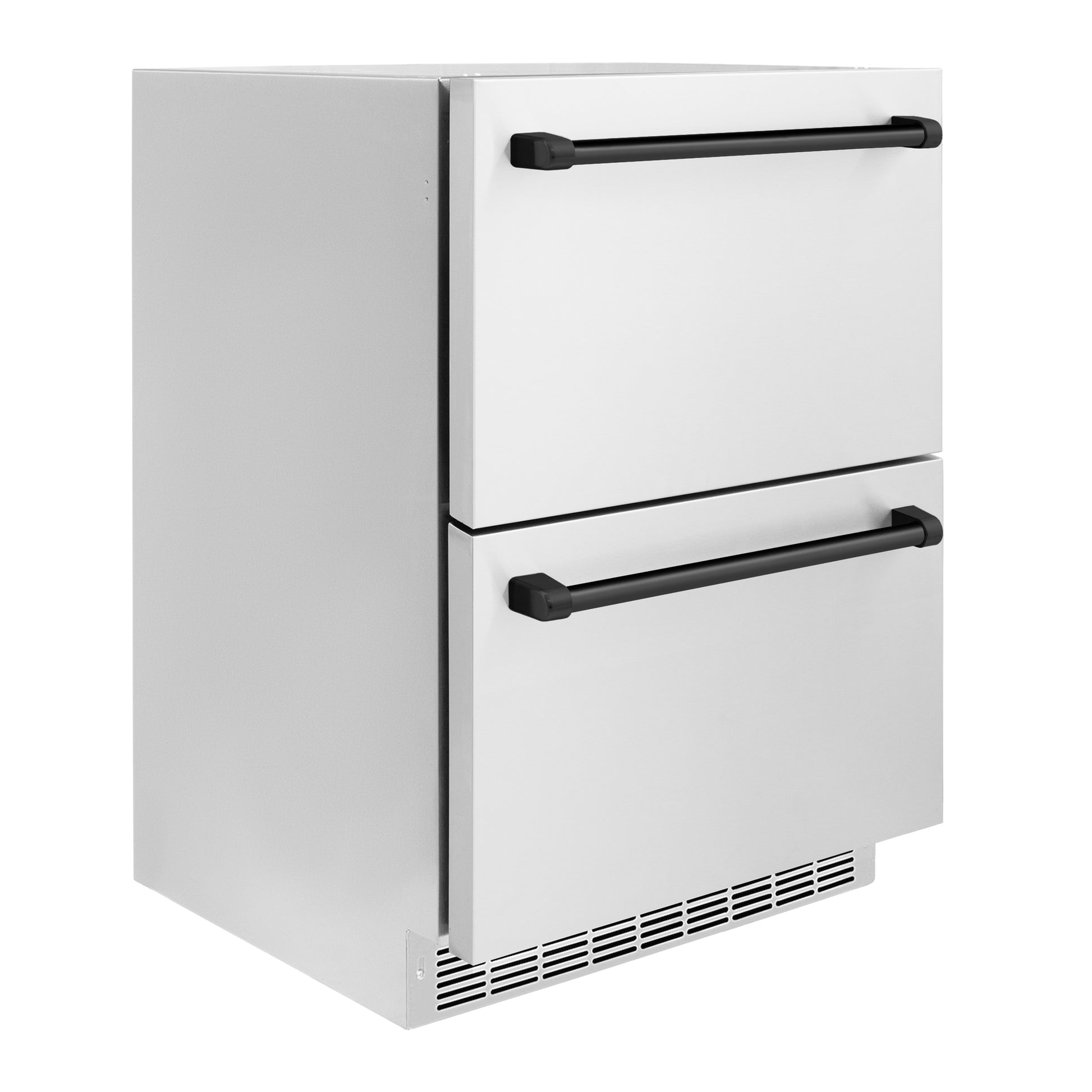 ZLINE Autograph Edition 24 in. Touchstone 168 Can Outdoor-Rated Dual Refrigerator Drawer with Stainless Steel Doors and Matte Black Handles (RDSOZ-ST-24-MB) side, closed.