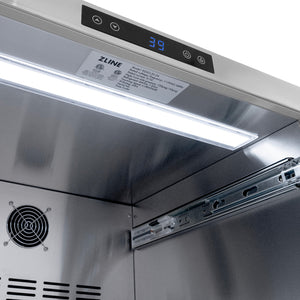 ZLINE Autograph Edition 24 in. Touchstone 168 Can Outdoor-Rated Dual Refrigerator Drawer with White Matte Doors and Champagne Bronze Handles (RDSOZ-WM-24-CB) close-up detail, interior LED lighting.