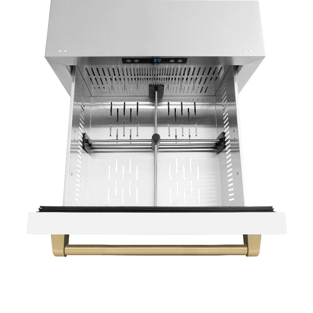 ZLINE Autograph Edition 24 in. Touchstone 168 Can Outdoor-Rated Dual Refrigerator Drawer with White Matte Doors and Champagne Bronze Handles (RDSOZ-WM-24-CB) above, drawer open, with drawer divider installed.
