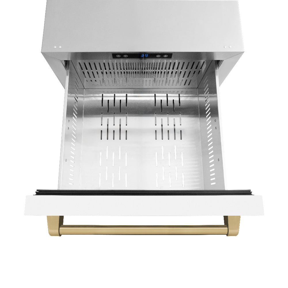 ZLINE Autograph Edition 24 in. Touchstone 168 Can Outdoor-Rated Dual Refrigerator Drawer with White Matte Doors and Champagne Bronze Handles (RDSOZ-WM-24-CB) above, drawer open, with drawer divider removed.