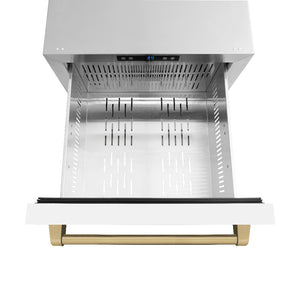 ZLINE Autograph Edition 24 in. Touchstone 168 Can Outdoor-Rated Dual Refrigerator Drawer with White Matte Doors and Champagne Bronze Handles (RDSOZ-WM-24-CB) above, drawer open, with drawer divider removed.