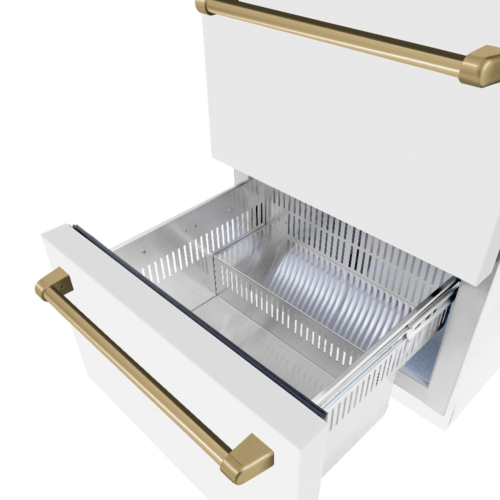 ZLINE Autograph Edition 24 in. Touchstone 168 Can Outdoor-Rated Dual Refrigerator Drawer with White Matte Doors and Champagne Bronze Handles (RDSOZ-WM-24-CB) close-up detail, bottom drawer open.