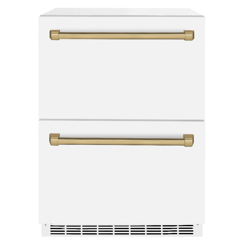 ZLINE Autograph Edition 24 in. Touchstone 168 Can Outdoor-Rated Dual Refrigerator Drawer with White Matte Doors and Champagne Bronze Handles (RDSOZ-WM-24-CB)