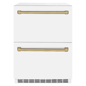 ZLINE Autograph Edition 24 in. Touchstone 168 Can Outdoor-Rated Dual Refrigerator Drawer with White Matte Doors and Champagne Bronze Handles (RDSOZ-WM-24-CB)